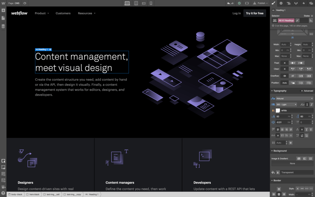 Webflow admin panel.
