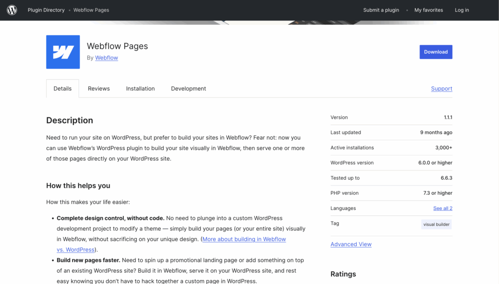 Webflow Pages, the plugin for integrating Webflow pages into WordPress.