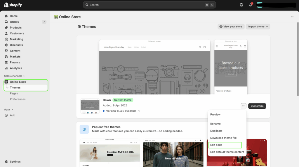A screenshot shows the path to edit theme code on shopify admin.