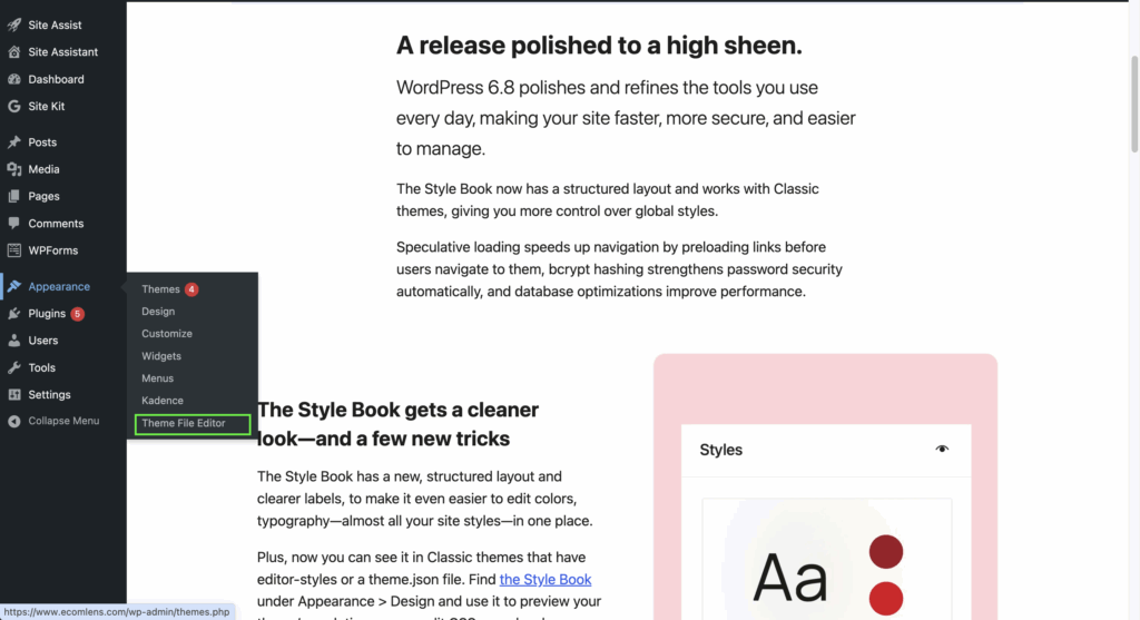A screenshot shows the path to Theme File Editor on WordPress admin.