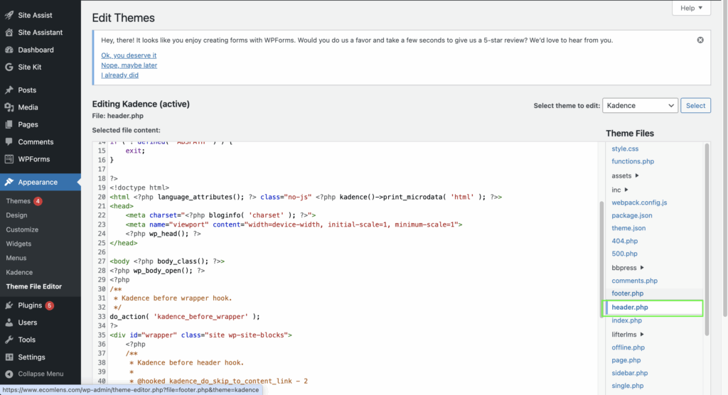 A screenshot shows the path to header.php on WordPress admin.