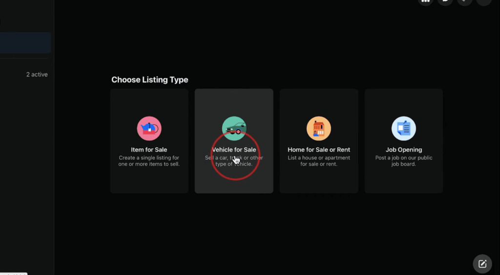 Create new listing menu on Facebook Marketplace selecting Vehicle for Sale option