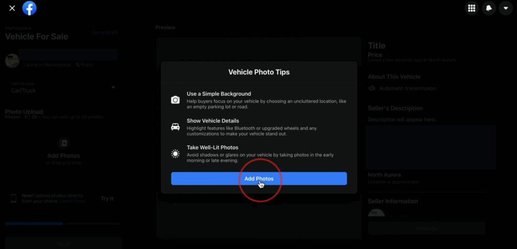 Interface for uploading multiple car photos to Facebook Marketplace vehicle listing