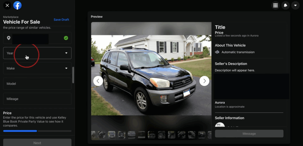 Vehicle details input form showing year make model and Kelly Blue Book price guide