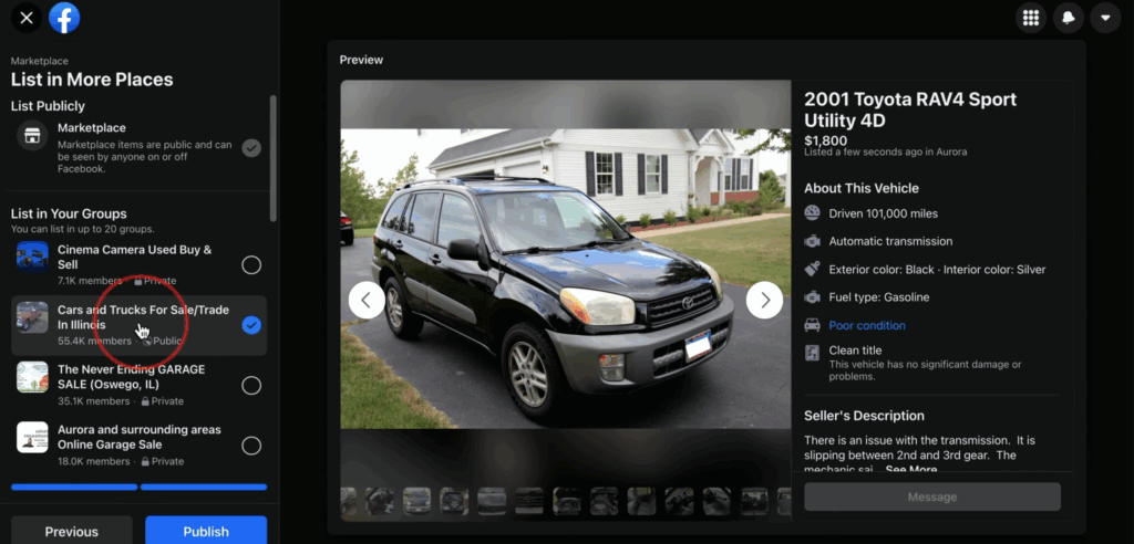 Listing preview pane and option to list in multiple Facebook Buy and Sell groups