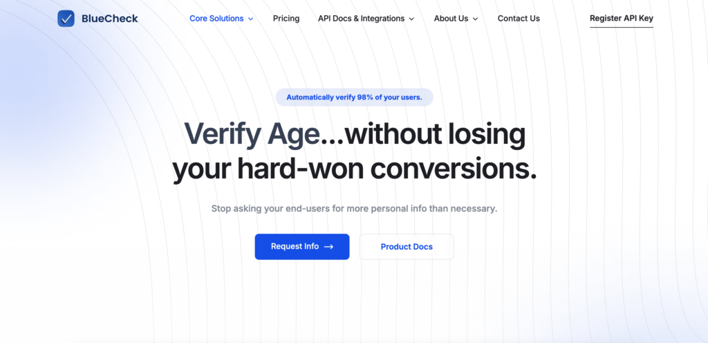 The homepage of BlueCheck, one of the best age verification app for Shopify.