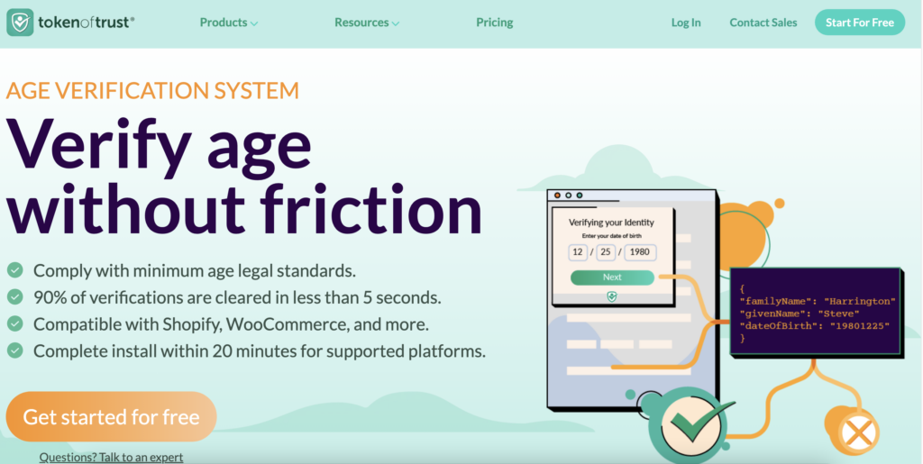 The homepage of Token of Trust, one of the best age verification app for Shopify.